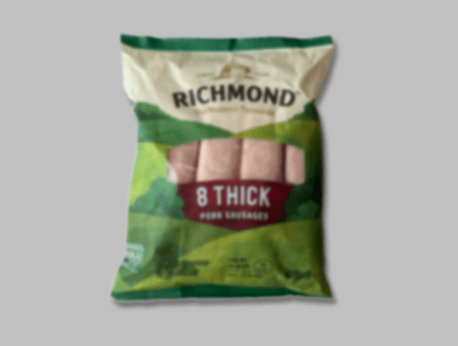 A blurry, out-of-focus pack of Richmond pork sausages, showing an unacceptable photo submission.