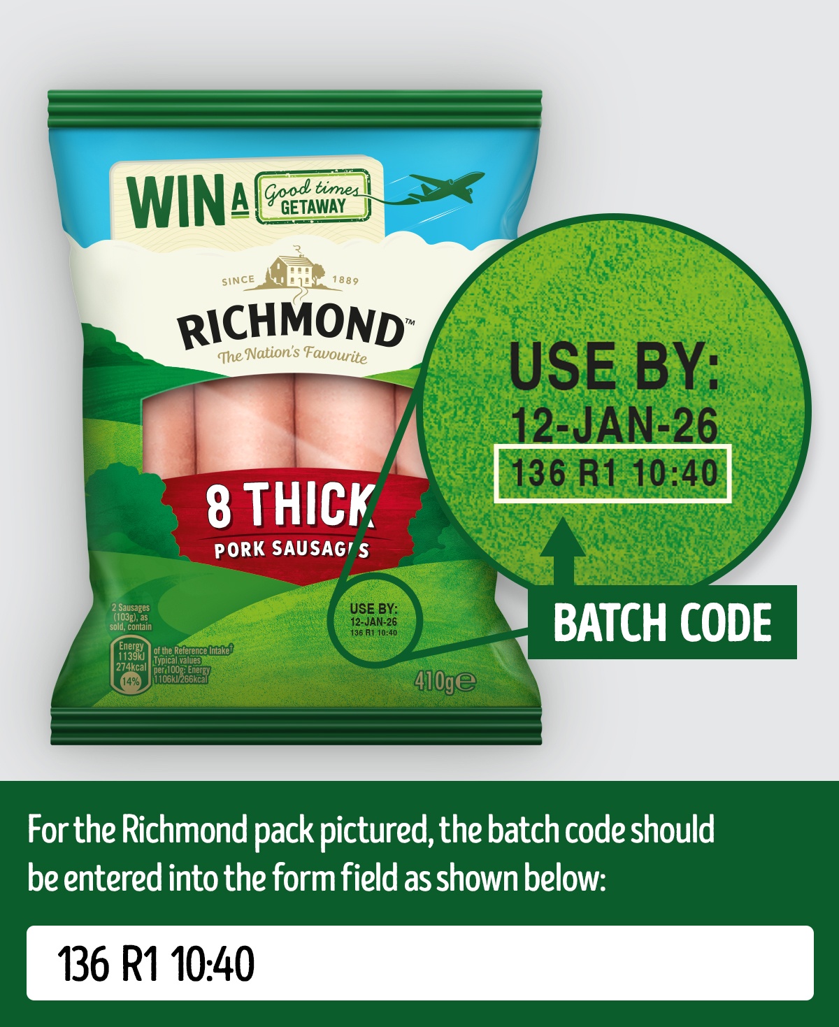 Diagram of a Richmond pork sausage pack, with a magnified circle highlighting the location of the 5-character batch code underneath the 'Use By' date.