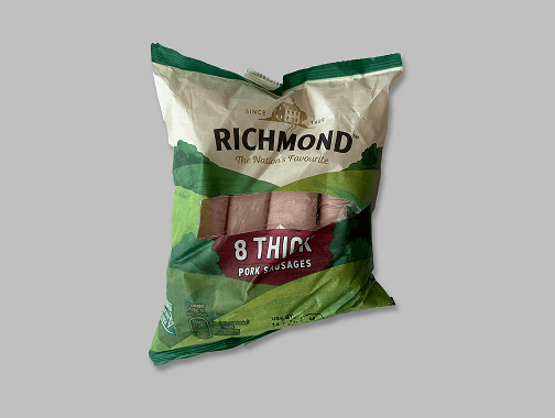 A crumpled and creased pack of Richmond pork sausages, showing an unacceptable photo submission.
