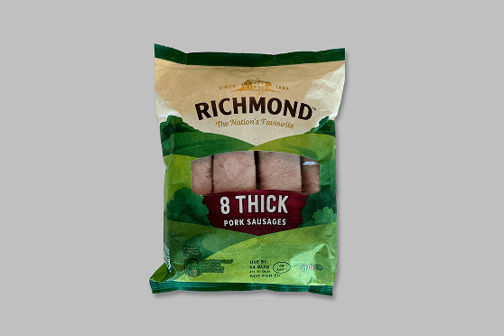 A clear, well-lit pack of Richmond pork sausages, demonstrating a good example of a photo submission.
