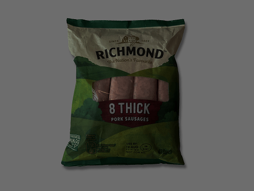 A pack of Richmond pork sausages obscured by dark shadows, showing an example of poor lighting.