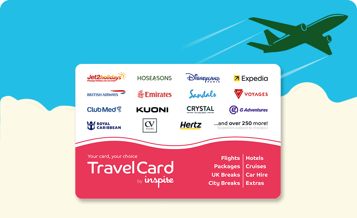 A Travel Card by Inspire, illustrating the grand prize of a £6,000 holiday package plus £750 spending money.