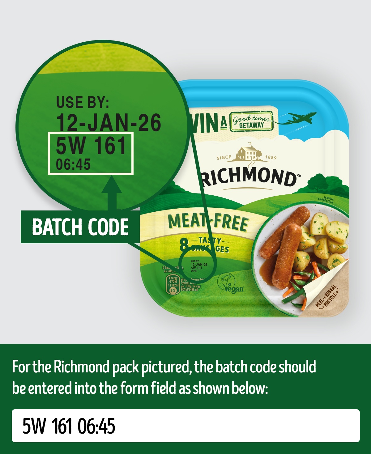 Diagram of a Richmond meat-free sausage pack, with a magnified circle highlighting the location of the 5-character batch code underneath the 'Use By' date.